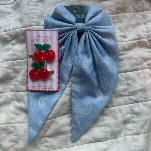 Blue Paisley Hair Bow and Cherry Hair Clips Set